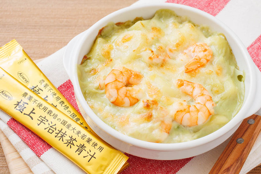【ハピネス青汁レシピ⑯】とろ~りアツアツ!えびとポテトの青汁グラタンは、簡単でコクうま仕上がり
