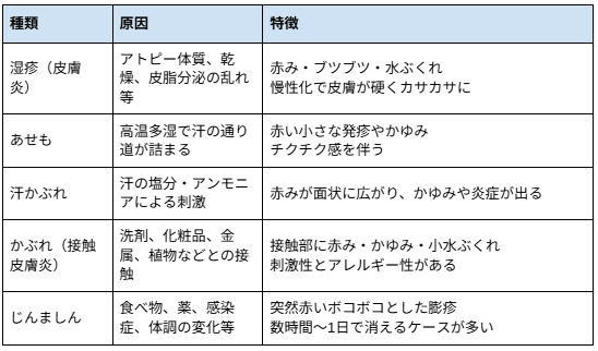 ＜おもな皮膚トラブルと原因・特徴＞