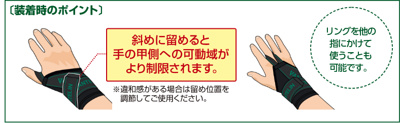装着時のポイント：斜めに留めると手の甲側への可動域がより制限されます。違和感がある場合は留め位置を調節してご使用ください。リングを他の指にかけて使うことも可能です。