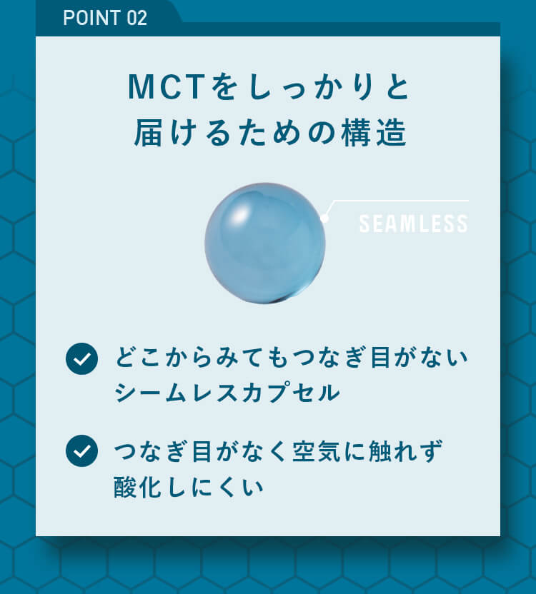 MCTをしっかりと届けるための構造 どこからみてもつなぎ目がないシームレスカプセルは空気に触れず酸化しにくい